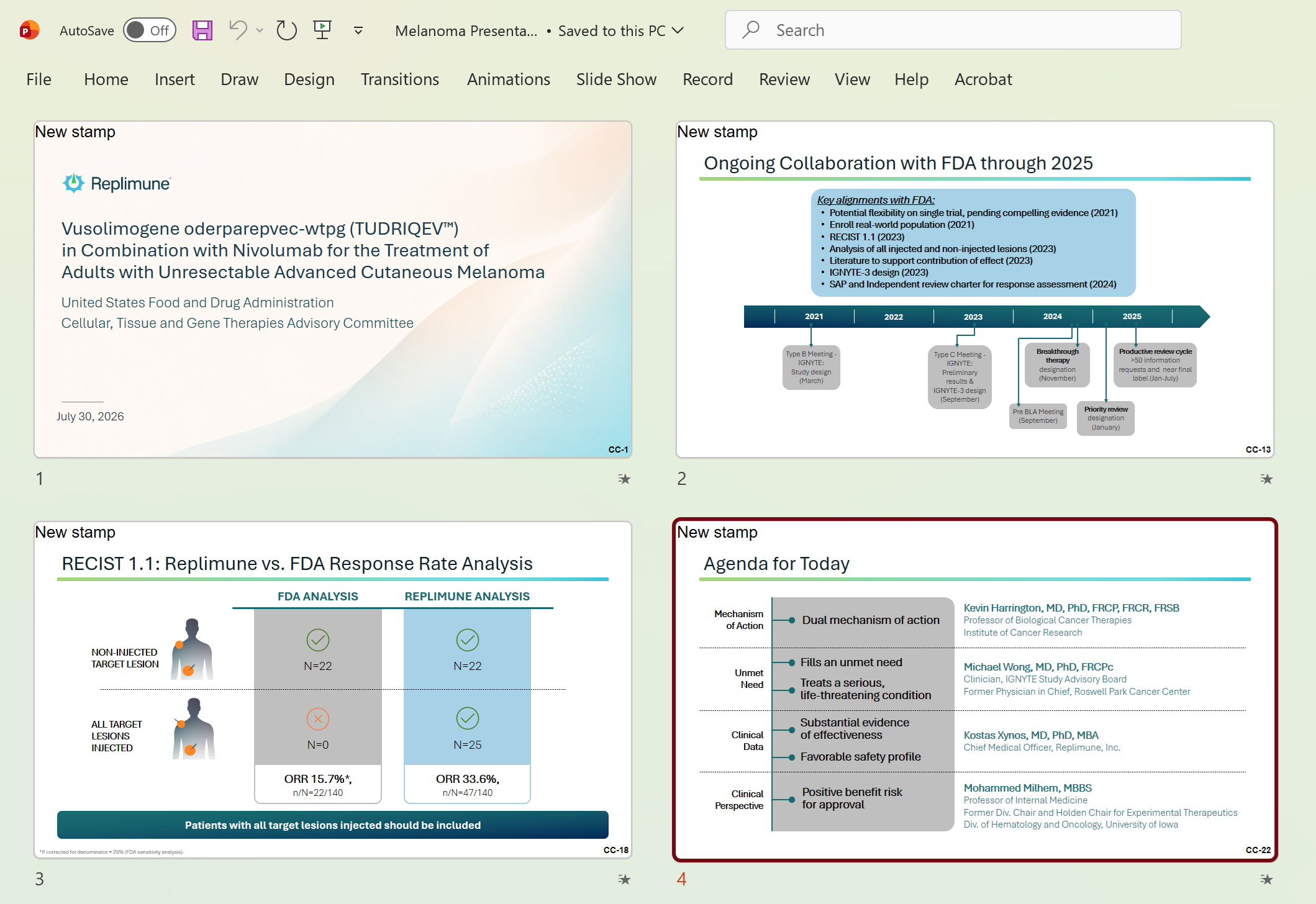 A downloaded deck showing per-slide vCheck status badges: up to date, update available, rejected, and deleted