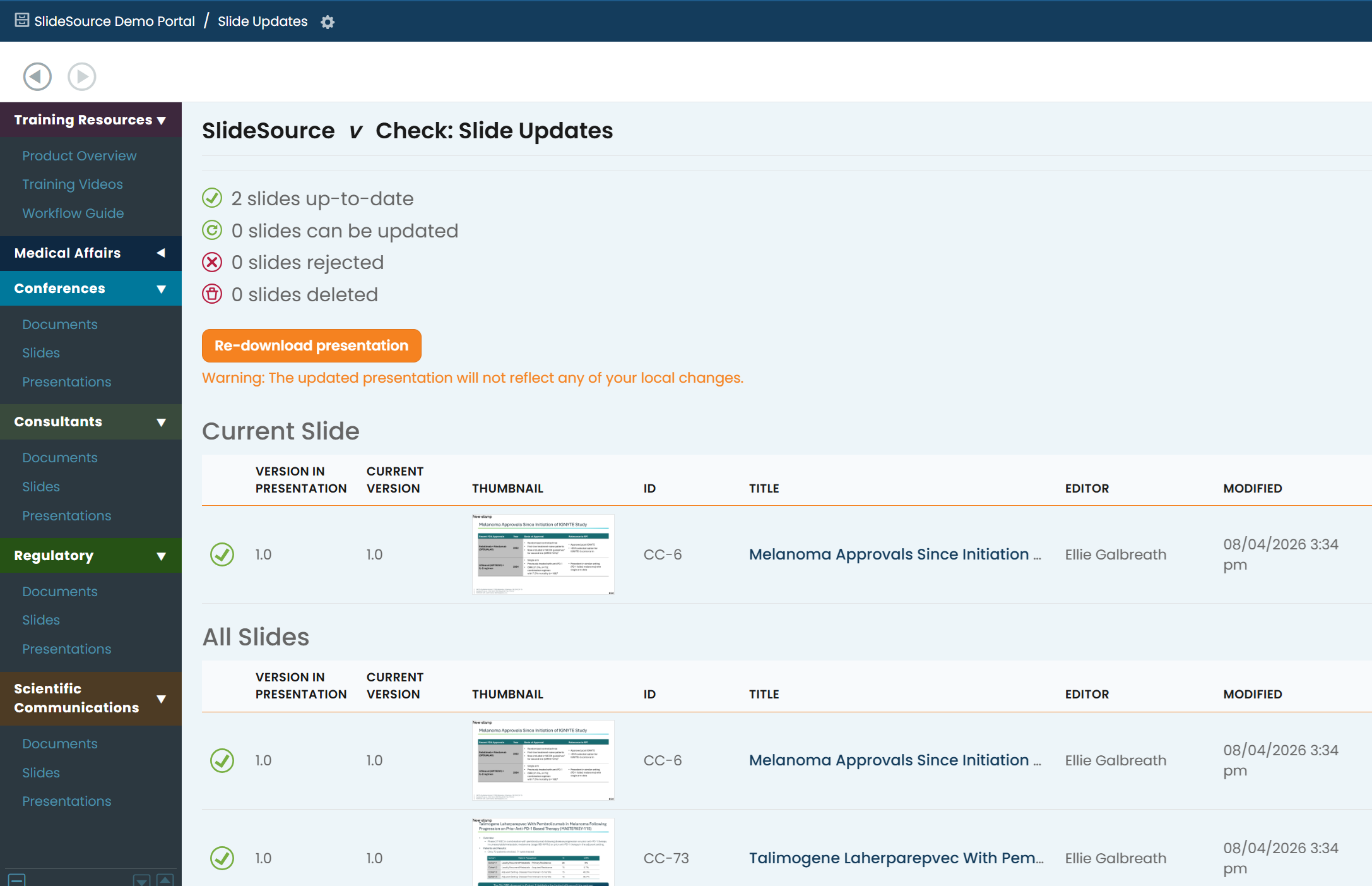 The SlideSource vCheck: Slide Updates page with status counts and per-slide version-comparison tables